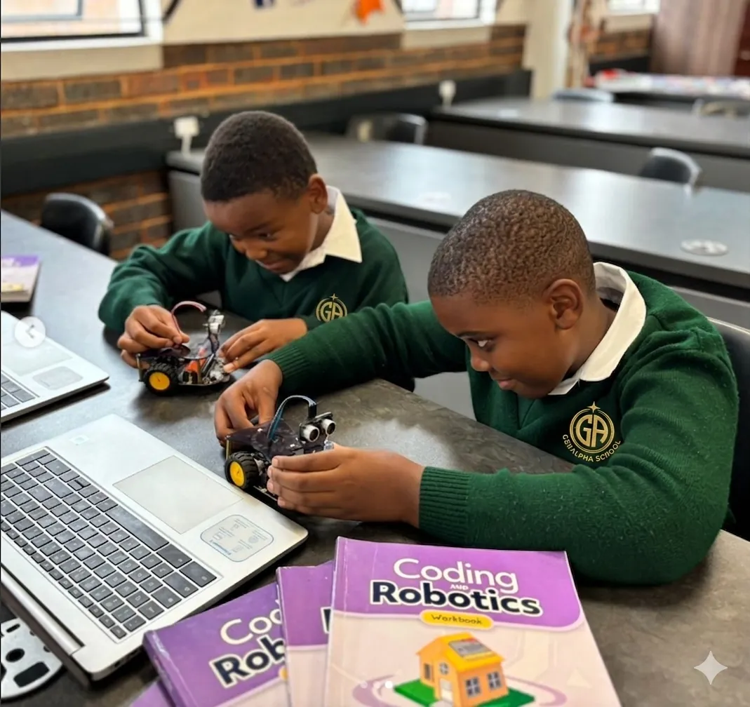 Students building and programming a robot